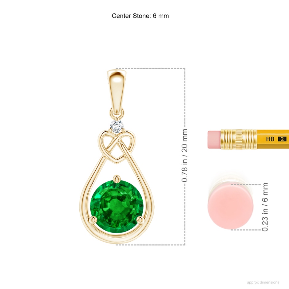 6mm AAAA Emerald Knotted Heart Pendant with Diamond in Yellow Gold ruler