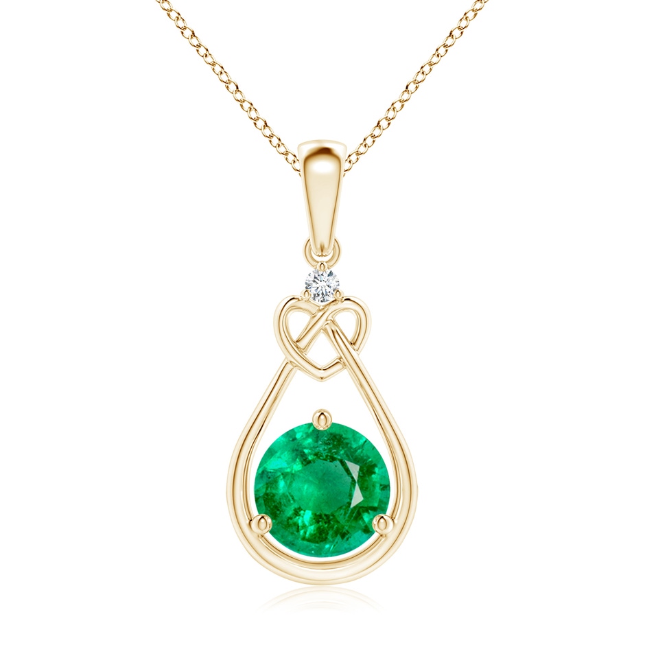 7mm AAA Emerald Knotted Heart Pendant with Diamond in Yellow Gold 