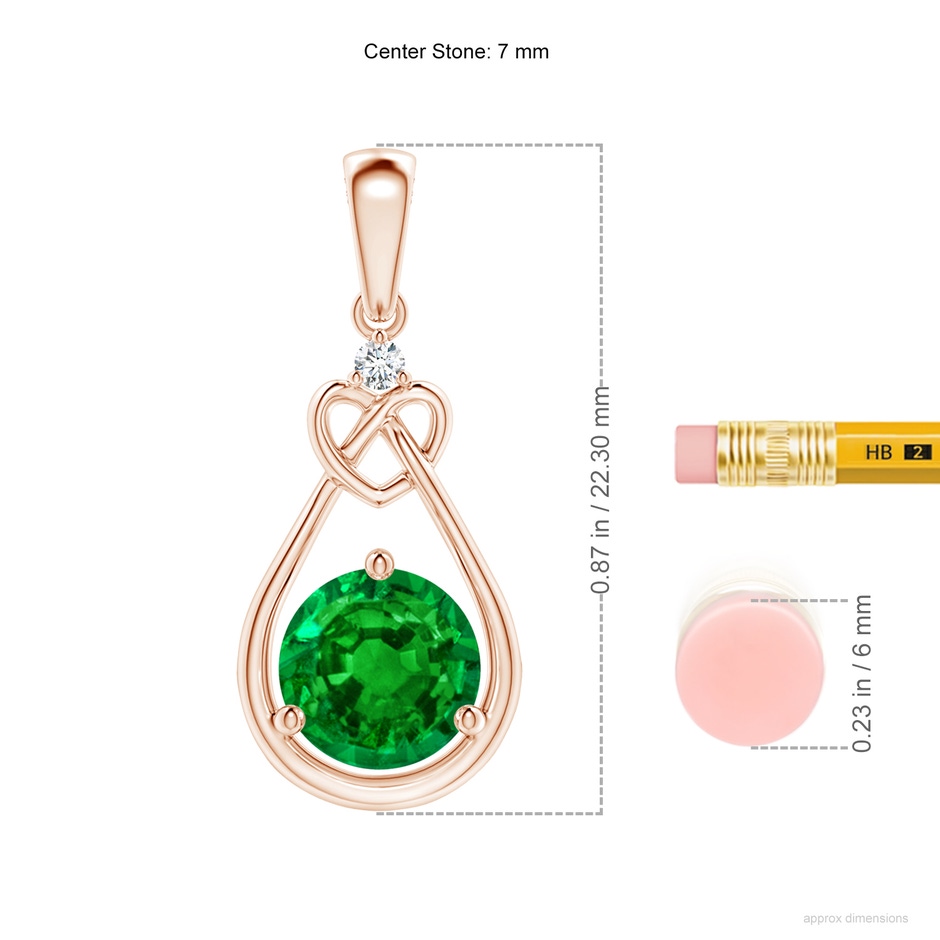 7mm AAAA Emerald Knotted Heart Pendant with Diamond in Rose Gold ruler