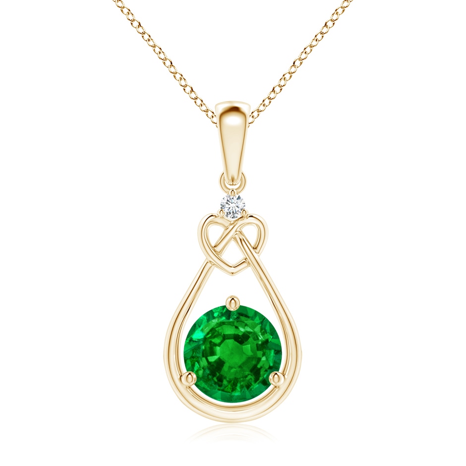 7mm AAAA Emerald Knotted Heart Pendant with Diamond in Yellow Gold 