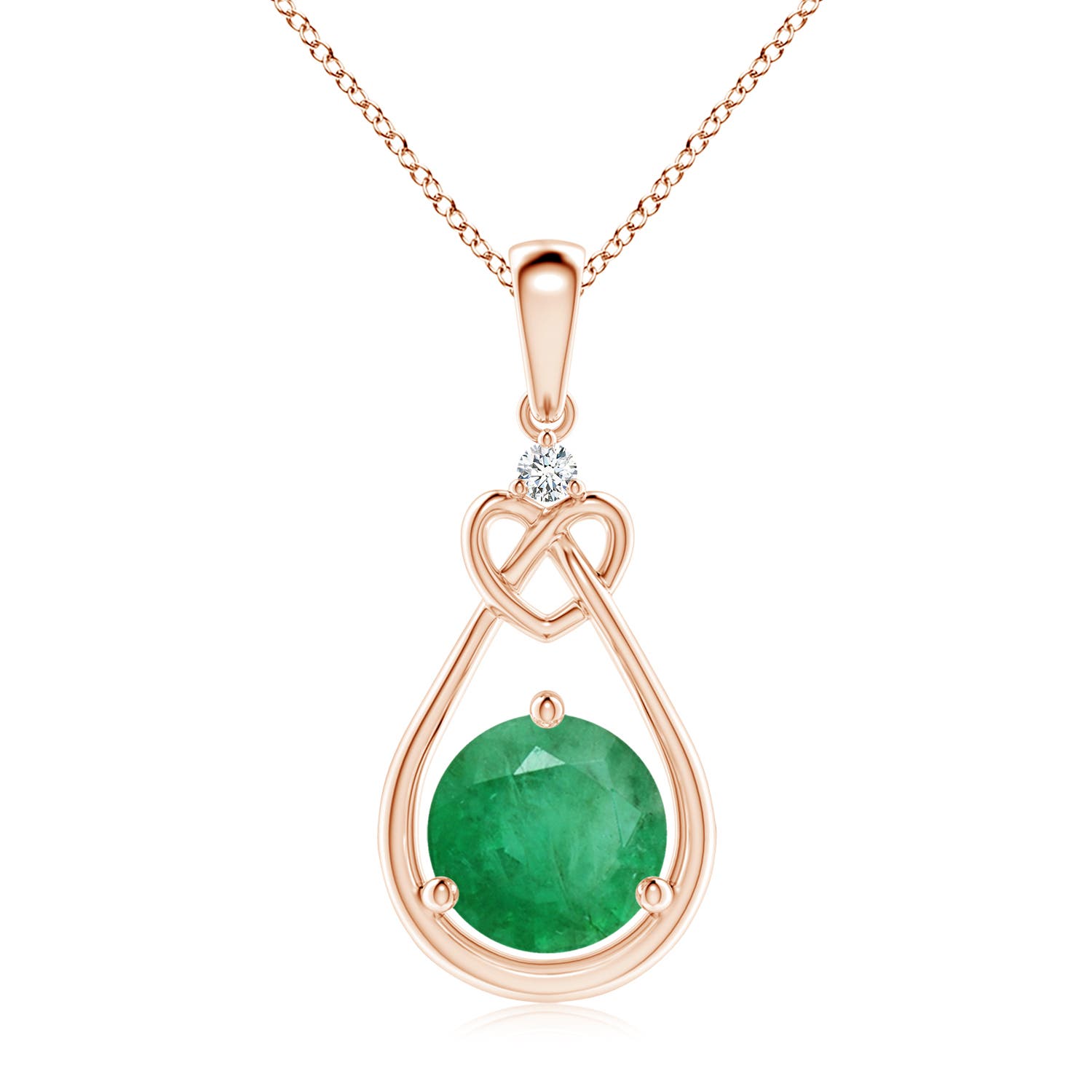 8mm A Emerald Knotted Heart Pendant with Diamond in Rose Gold