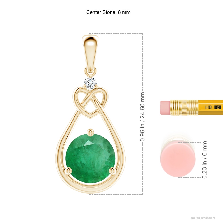 8mm A Emerald Knotted Heart Pendant with Diamond in Yellow Gold ruler