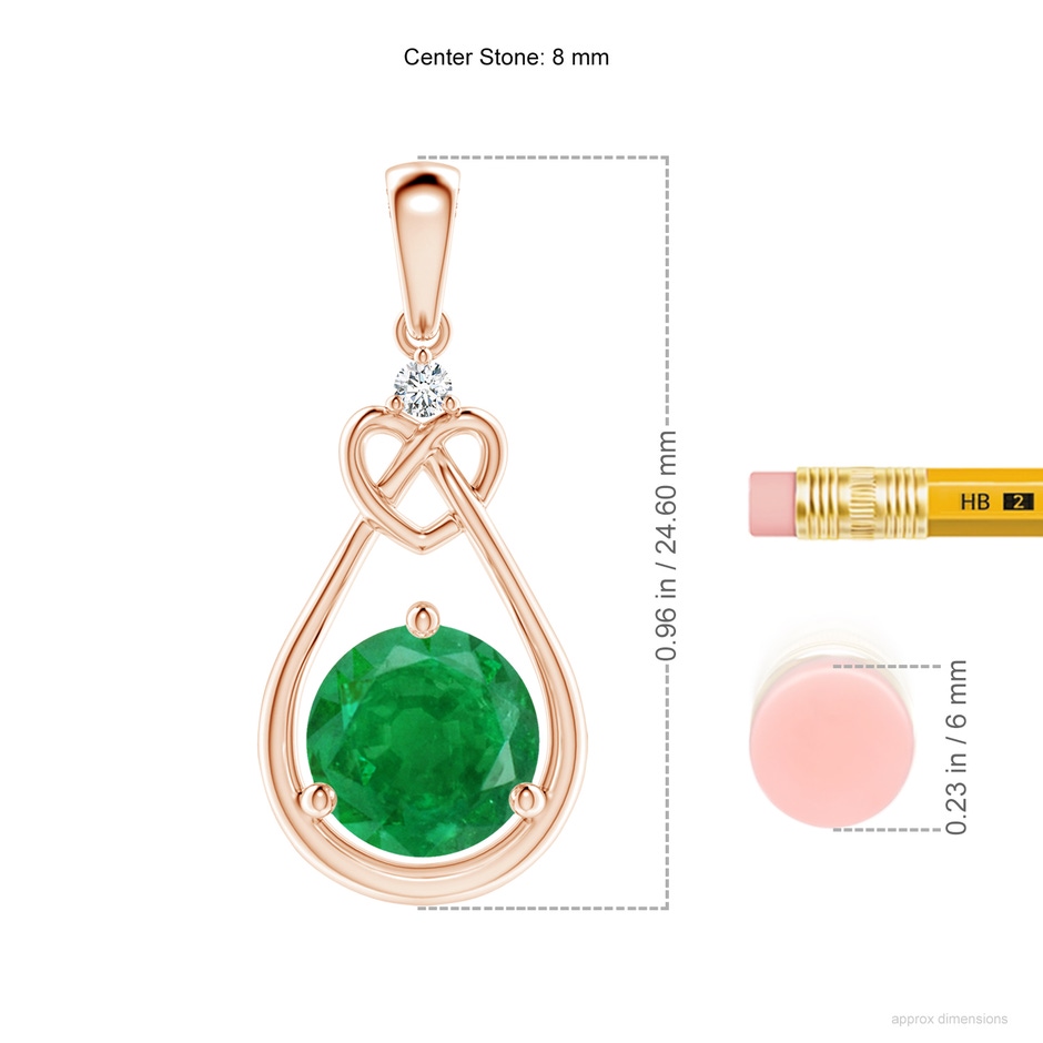 8mm AA Emerald Knotted Heart Pendant with Diamond in Rose Gold ruler