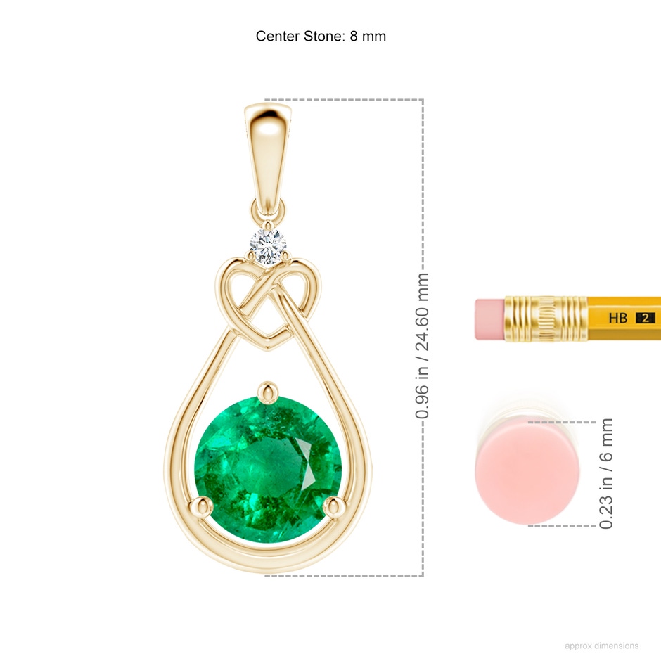8mm AAA Emerald Knotted Heart Pendant with Diamond in Yellow Gold ruler