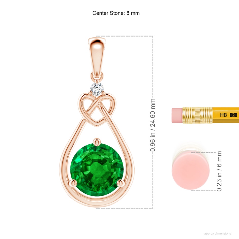 8mm AAAA Emerald Knotted Heart Pendant with Diamond in Rose Gold ruler
