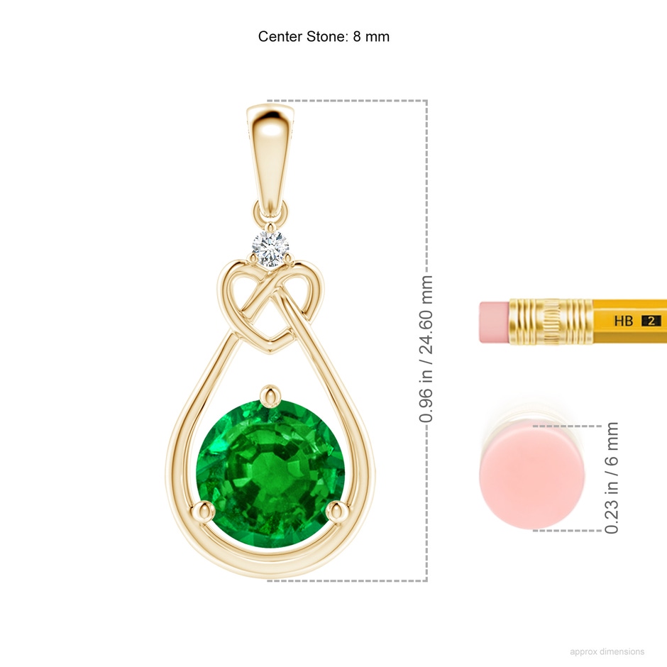 8mm AAAA Emerald Knotted Heart Pendant with Diamond in Yellow Gold ruler