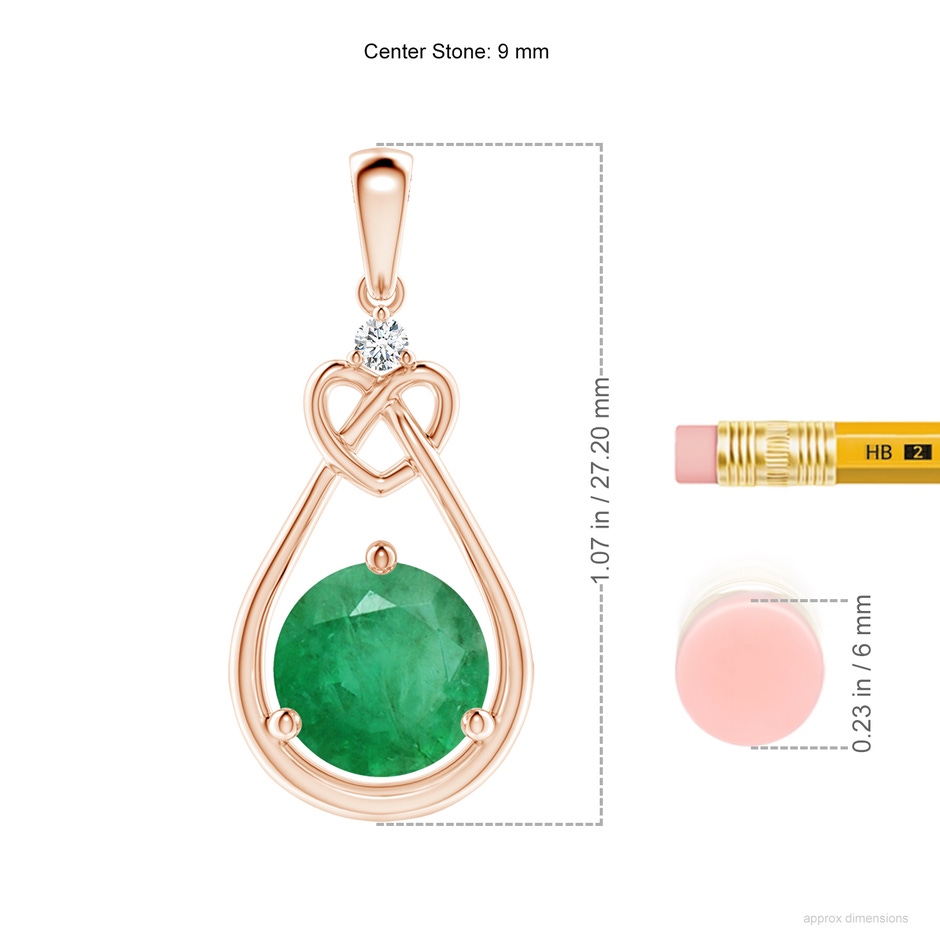 9mm A Emerald Knotted Heart Pendant with Diamond in Rose Gold ruler