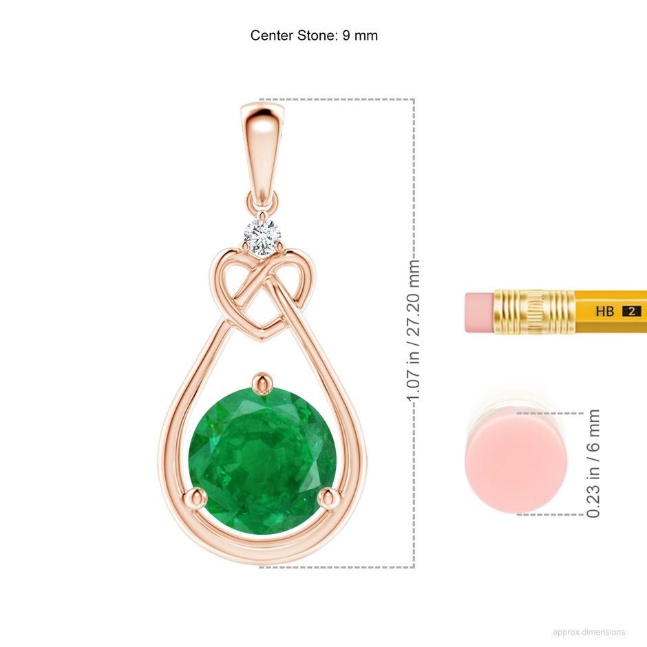 9mm AA Emerald Knotted Heart Pendant with Diamond in Rose Gold ruler