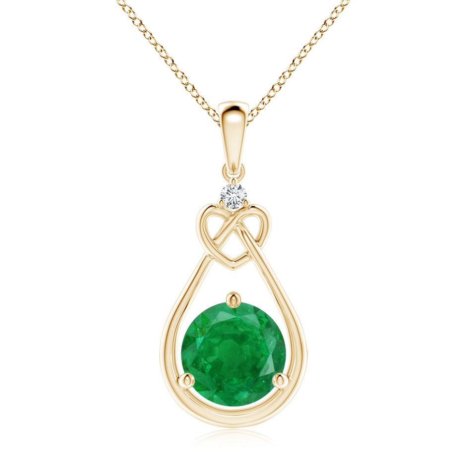 9mm AA Emerald Knotted Heart Pendant with Diamond in Yellow Gold 