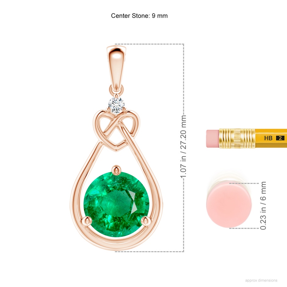 9mm AAA Emerald Knotted Heart Pendant with Diamond in Rose Gold ruler