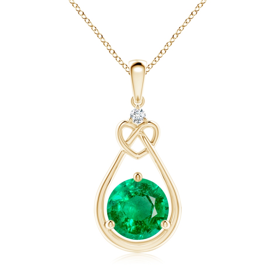 9mm AAA Emerald Knotted Heart Pendant with Diamond in Yellow Gold 
