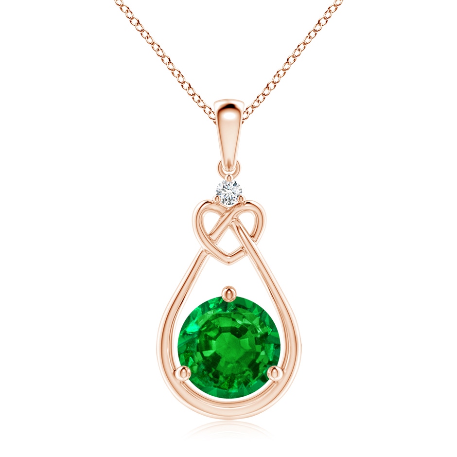 9mm AAAA Emerald Knotted Heart Pendant with Diamond in Rose Gold 