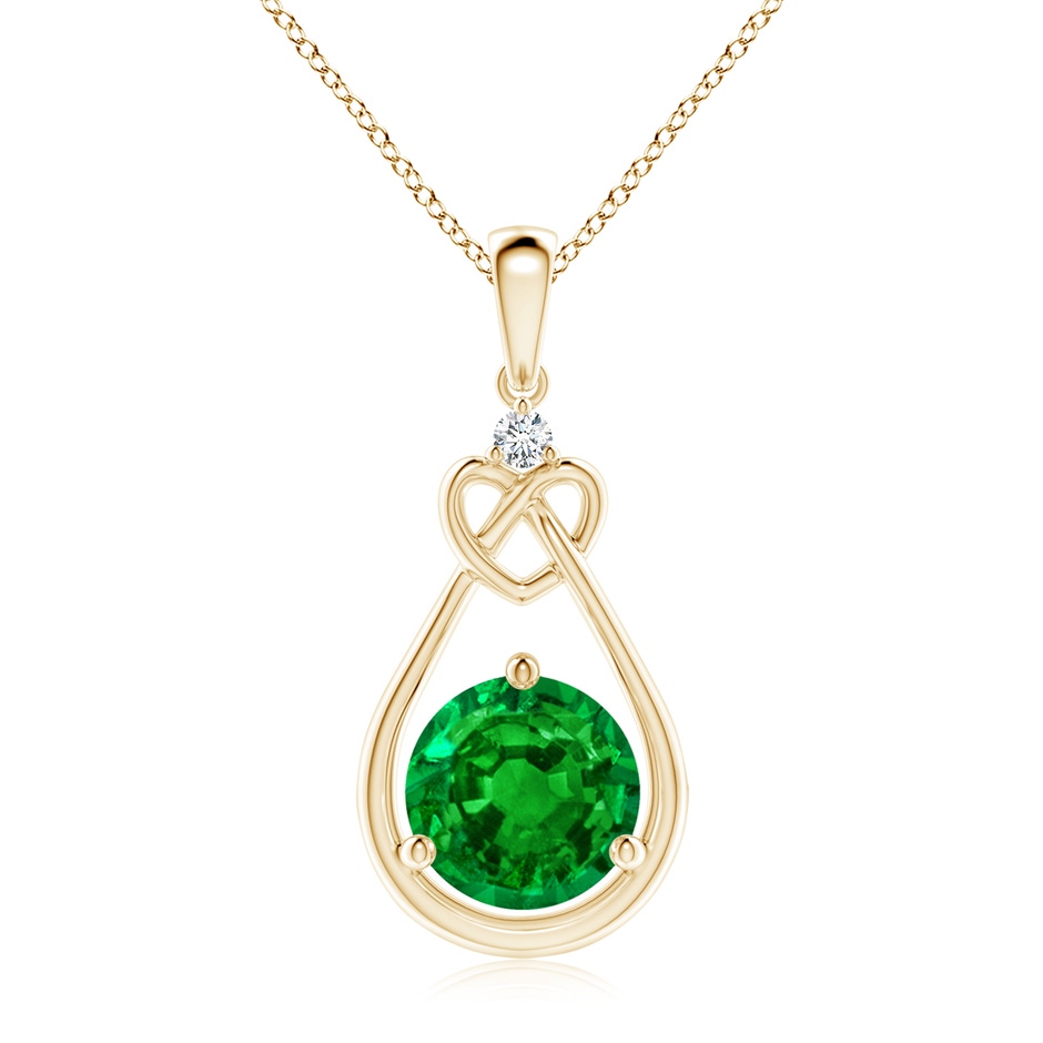 9mm AAAA Emerald Knotted Heart Pendant with Diamond in Yellow Gold 