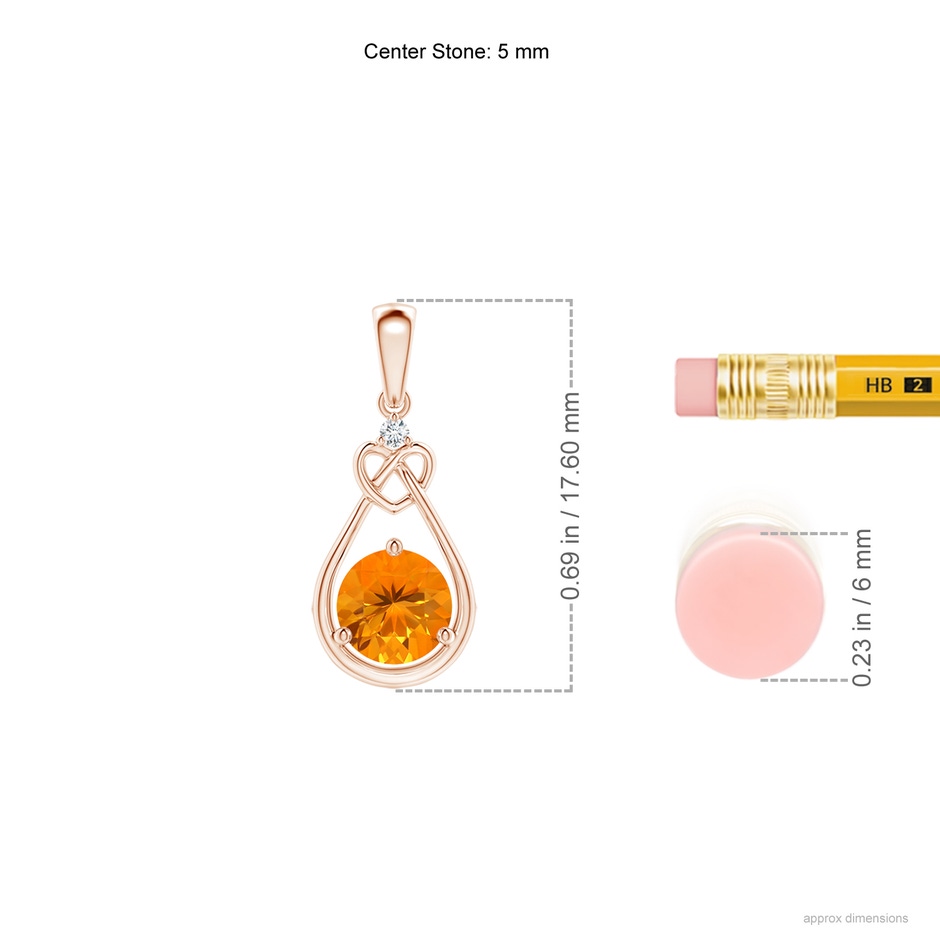 5mm AA Fire Opal Knotted Heart Pendant with Diamond in Rose Gold ruler