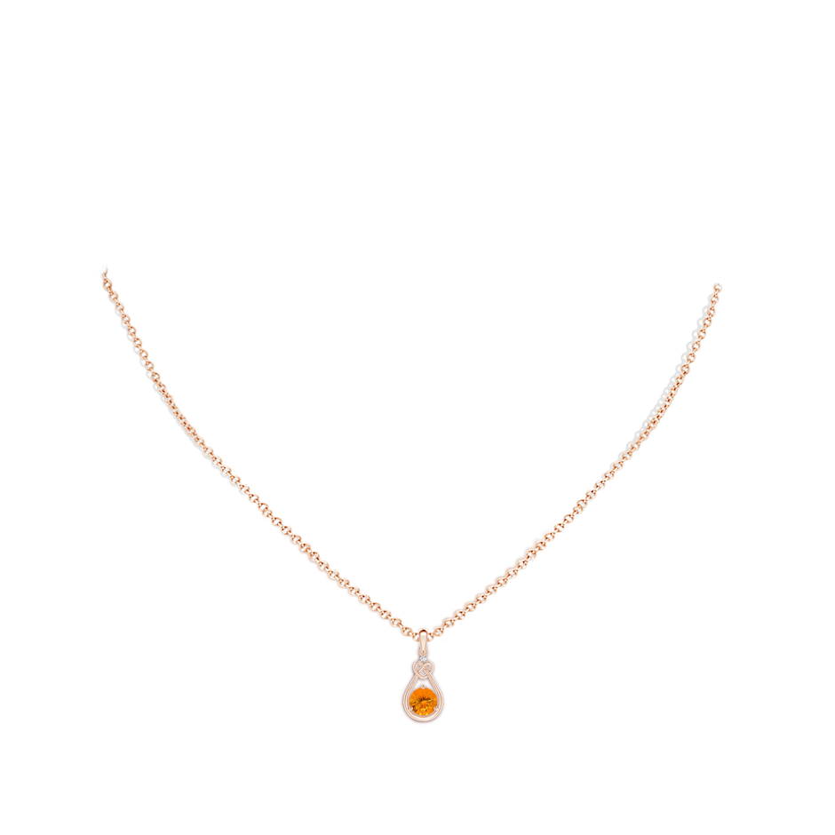 5mm AA Fire Opal Knotted Heart Pendant with Diamond in Rose Gold body-neck