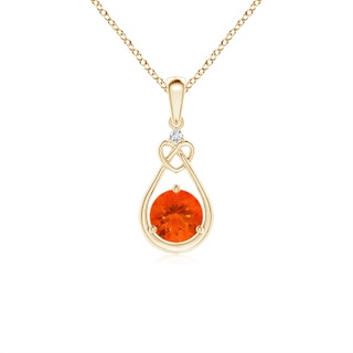 5mm AAA Fire Opal Knotted Heart Pendant with Diamond in Yellow Gold
