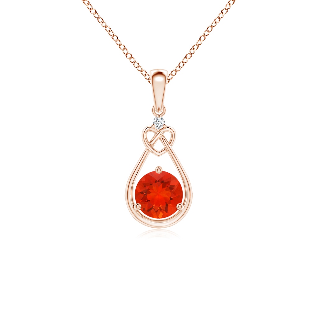 5mm AAAA Fire Opal Knotted Heart Pendant with Diamond in Rose Gold