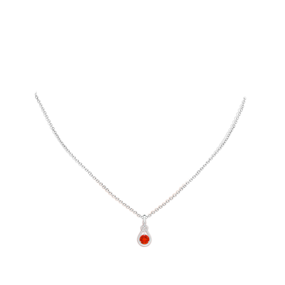 5mm AAAA Fire Opal Knotted Heart Pendant with Diamond in White Gold body-neck