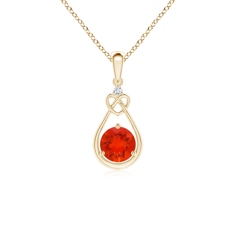 5mm AAAA Fire Opal Knotted Heart Pendant with Diamond in Yellow Gold 
