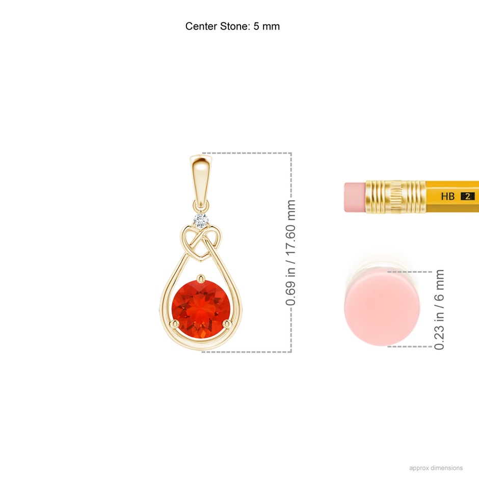 5mm AAAA Fire Opal Knotted Heart Pendant with Diamond in Yellow Gold ruler