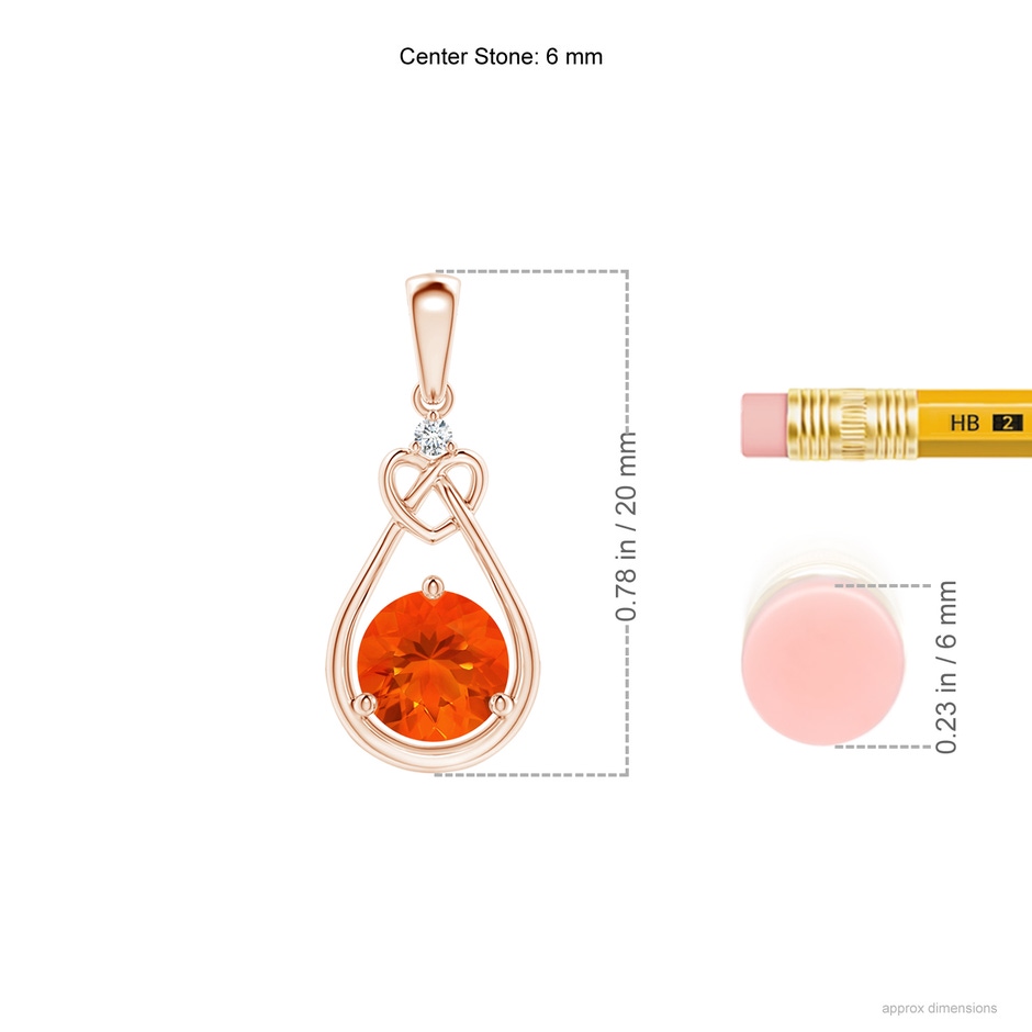 6mm AAA Fire Opal Knotted Heart Pendant with Diamond in Rose Gold ruler