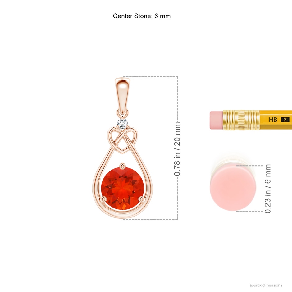 6mm AAAA Fire Opal Knotted Heart Pendant with Diamond in Rose Gold ruler