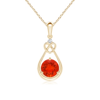 6mm AAAA Fire Opal Knotted Heart Pendant with Diamond in Yellow Gold