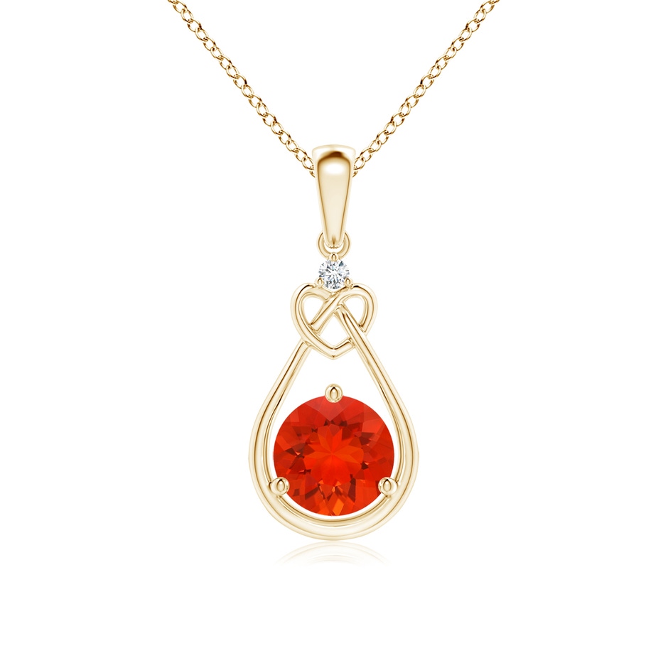 6mm AAAA Fire Opal Knotted Heart Pendant with Diamond in Yellow Gold 