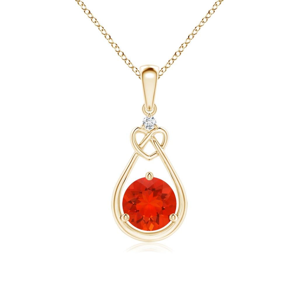 6mm AAAA Fire Opal Knotted Heart Pendant with Diamond in Yellow Gold