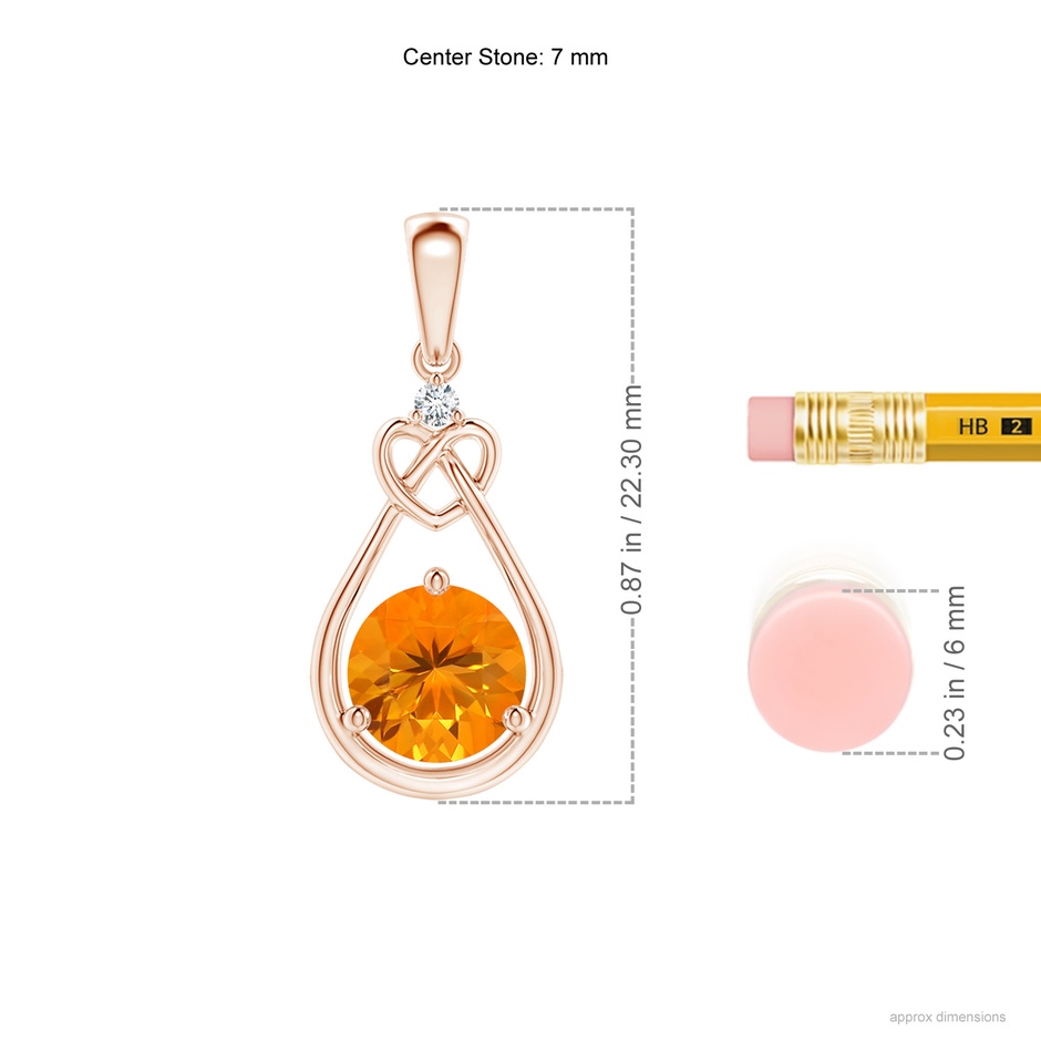 7mm AA Fire Opal Knotted Heart Pendant with Diamond in Rose Gold ruler