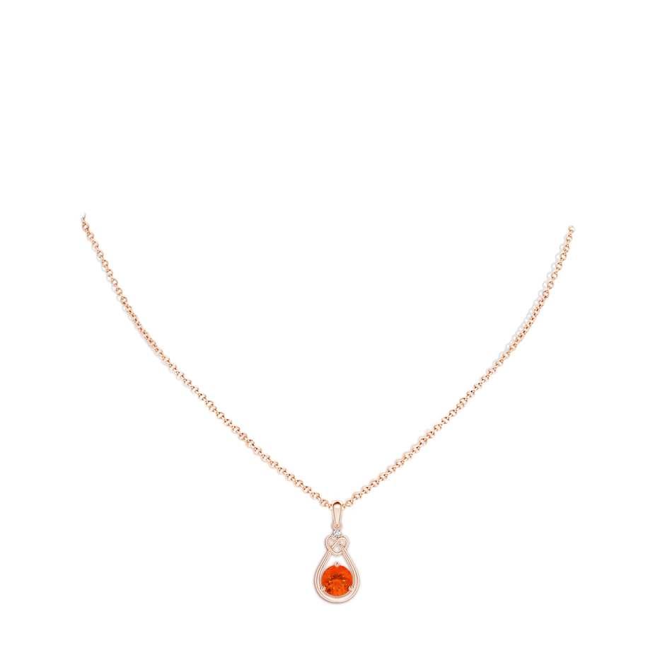 7mm AAA Fire Opal Knotted Heart Pendant with Diamond in Rose Gold body-neck