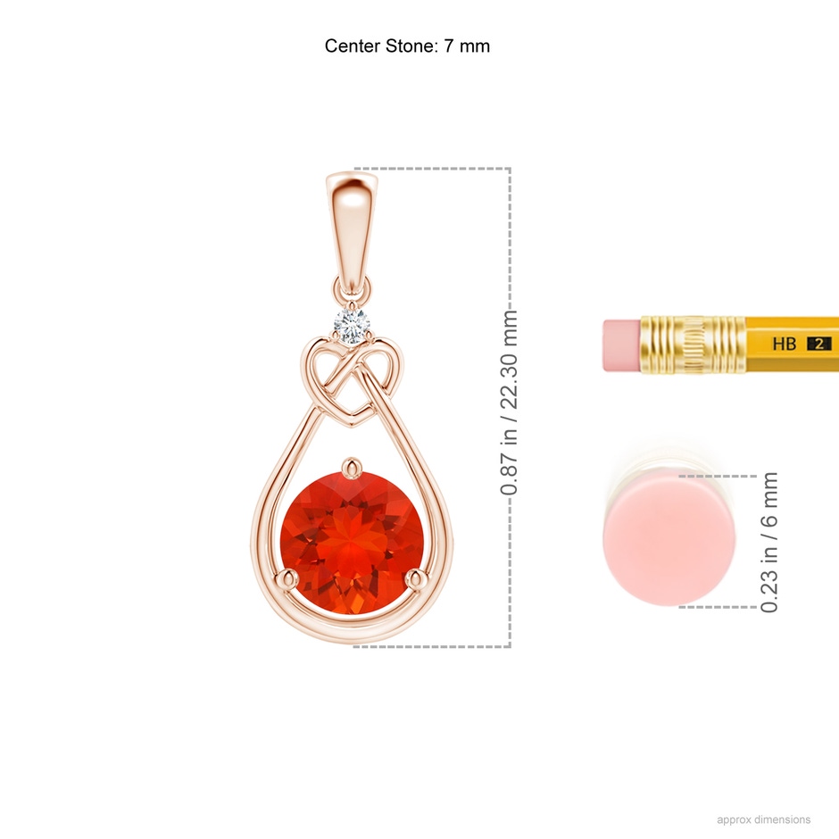 7mm AAAA Fire Opal Knotted Heart Pendant with Diamond in Rose Gold ruler