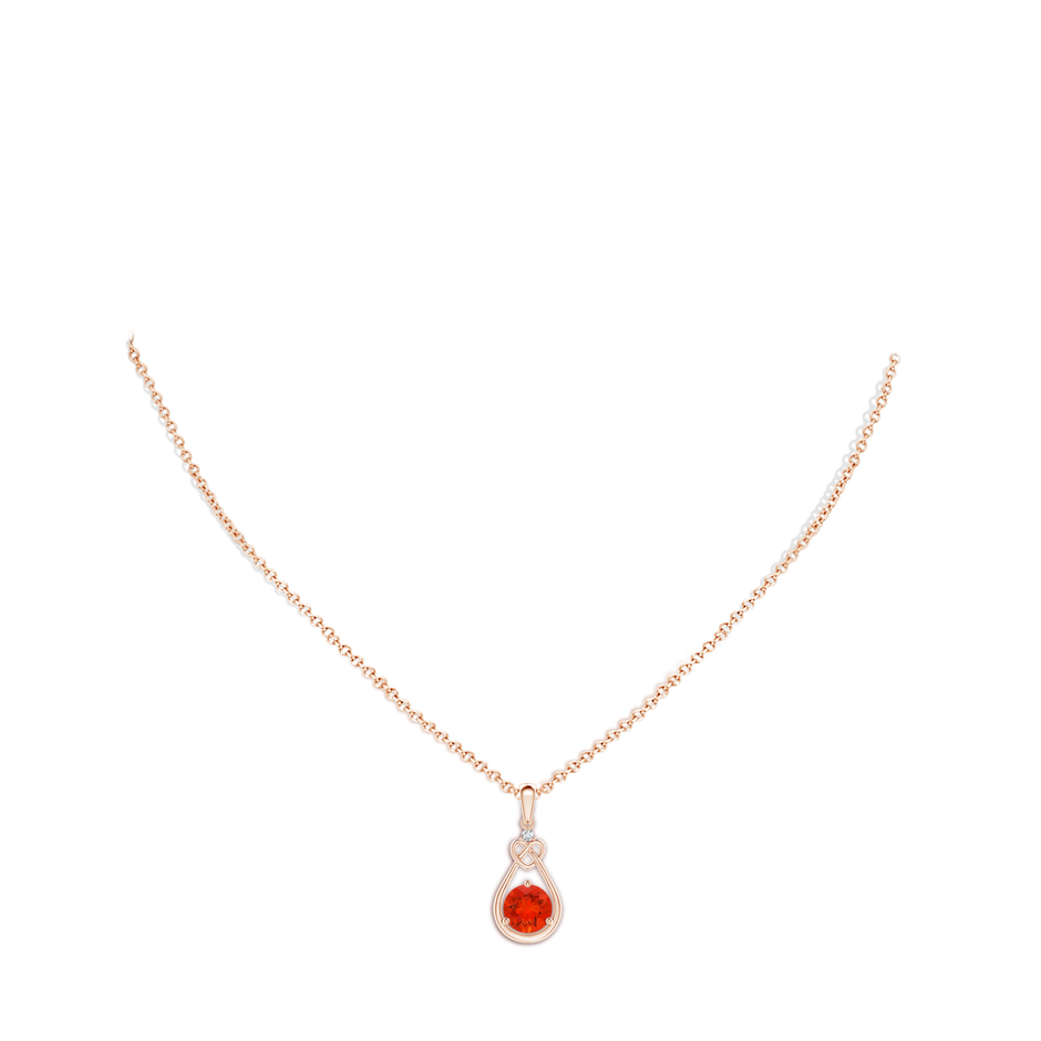 7mm AAAA Fire Opal Knotted Heart Pendant with Diamond in Rose Gold body-neck