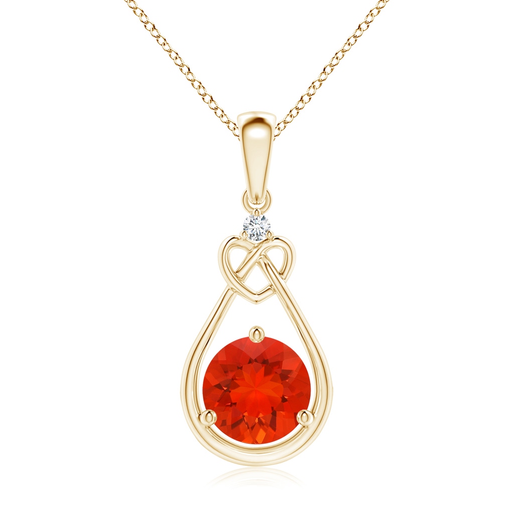 7mm AAAA Fire Opal Knotted Heart Pendant with Diamond in Yellow Gold