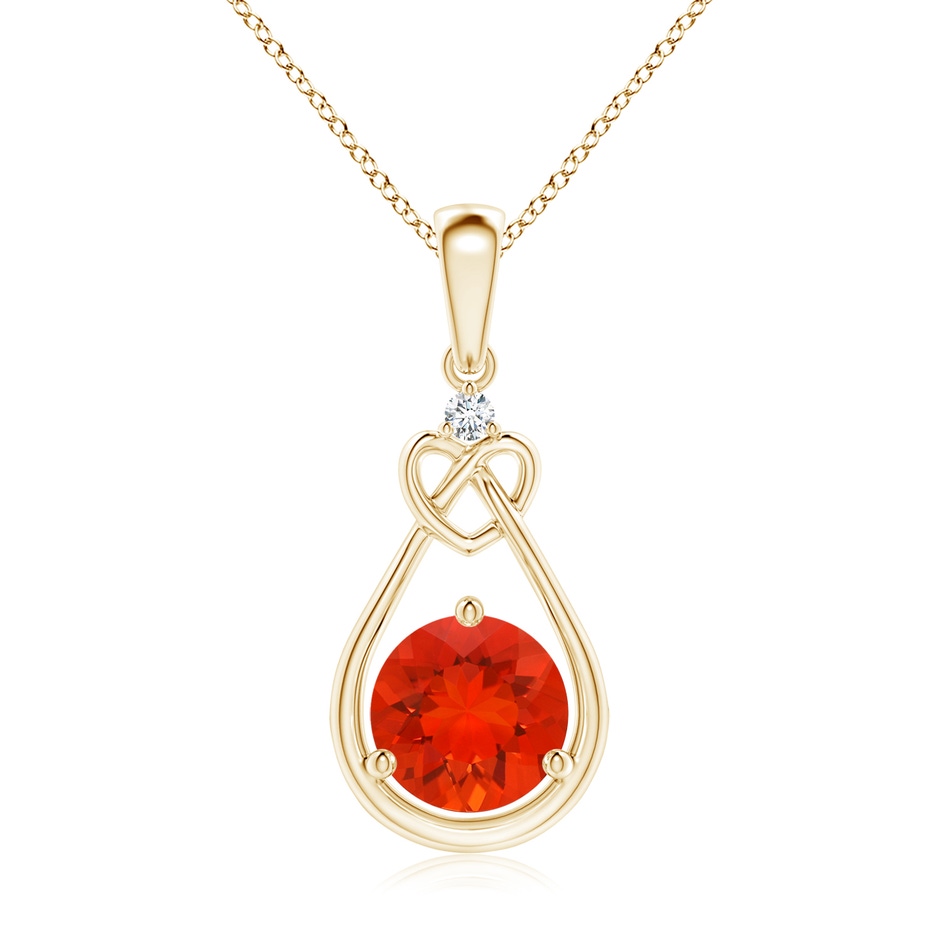 7mm AAAA Fire Opal Knotted Heart Pendant with Diamond in Yellow Gold 