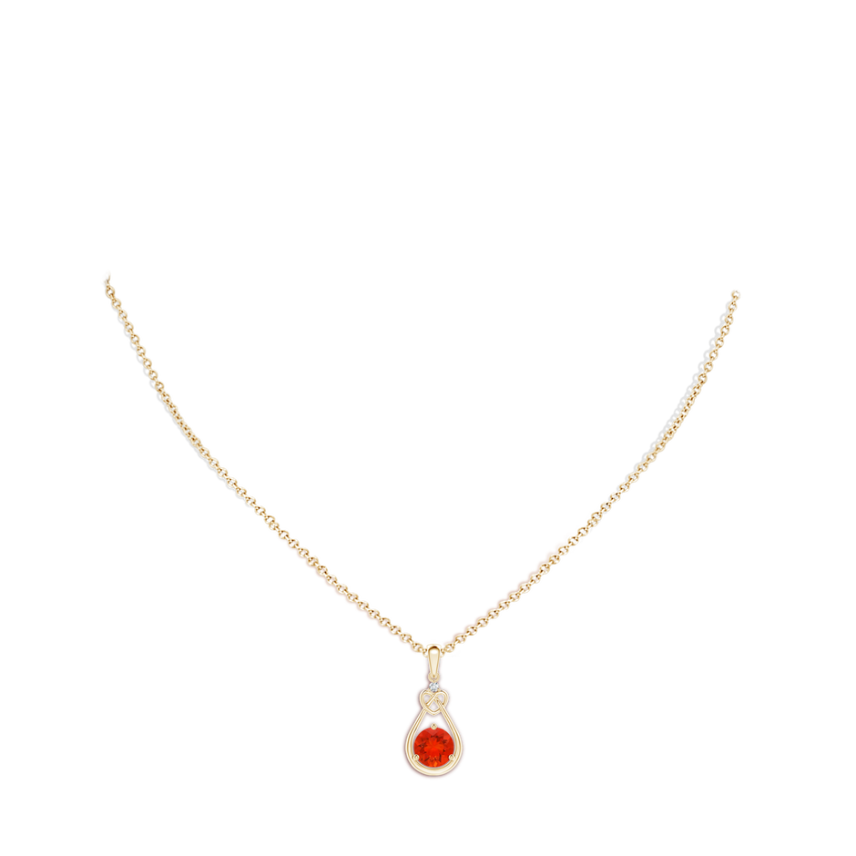 7mm AAAA Fire Opal Knotted Heart Pendant with Diamond in Yellow Gold body-neck