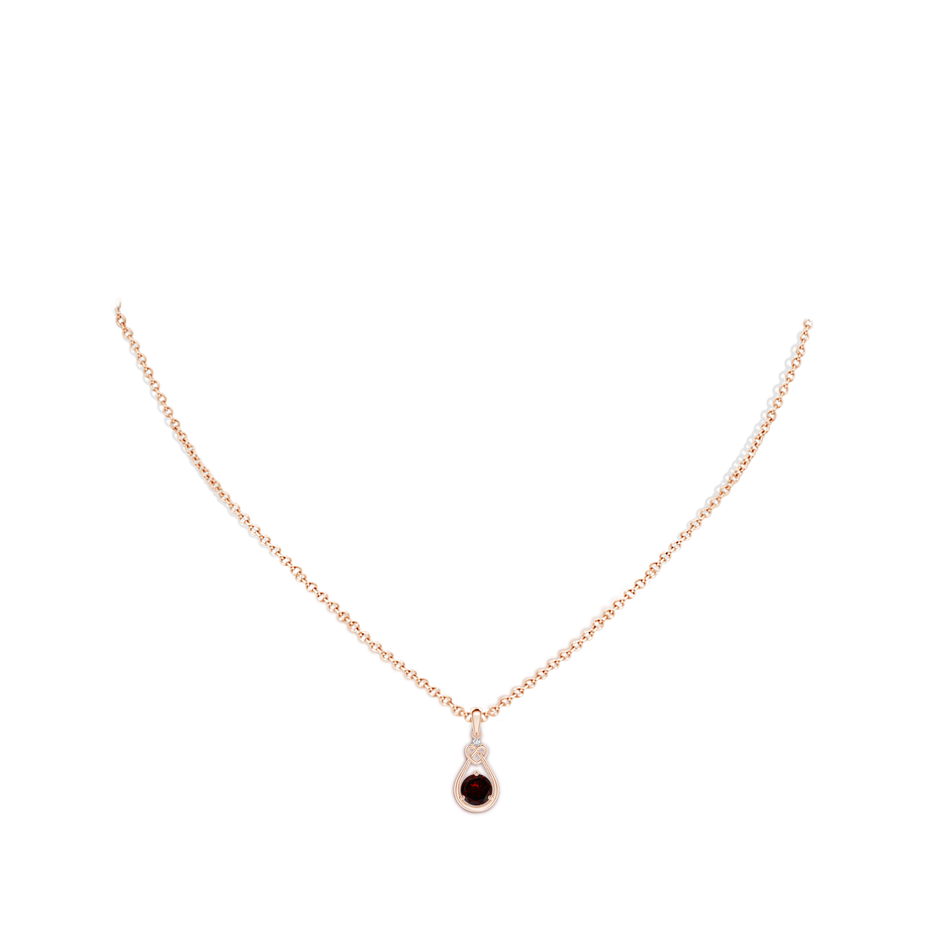 5mm A Garnet Knotted Heart Pendant with Diamond in Rose Gold body-neck