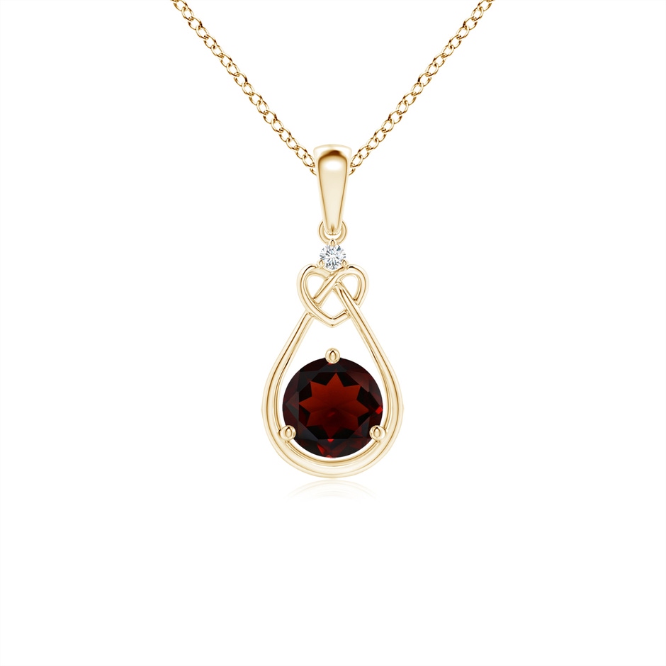 5mm AA Garnet Knotted Heart Pendant with Diamond in Yellow Gold 
