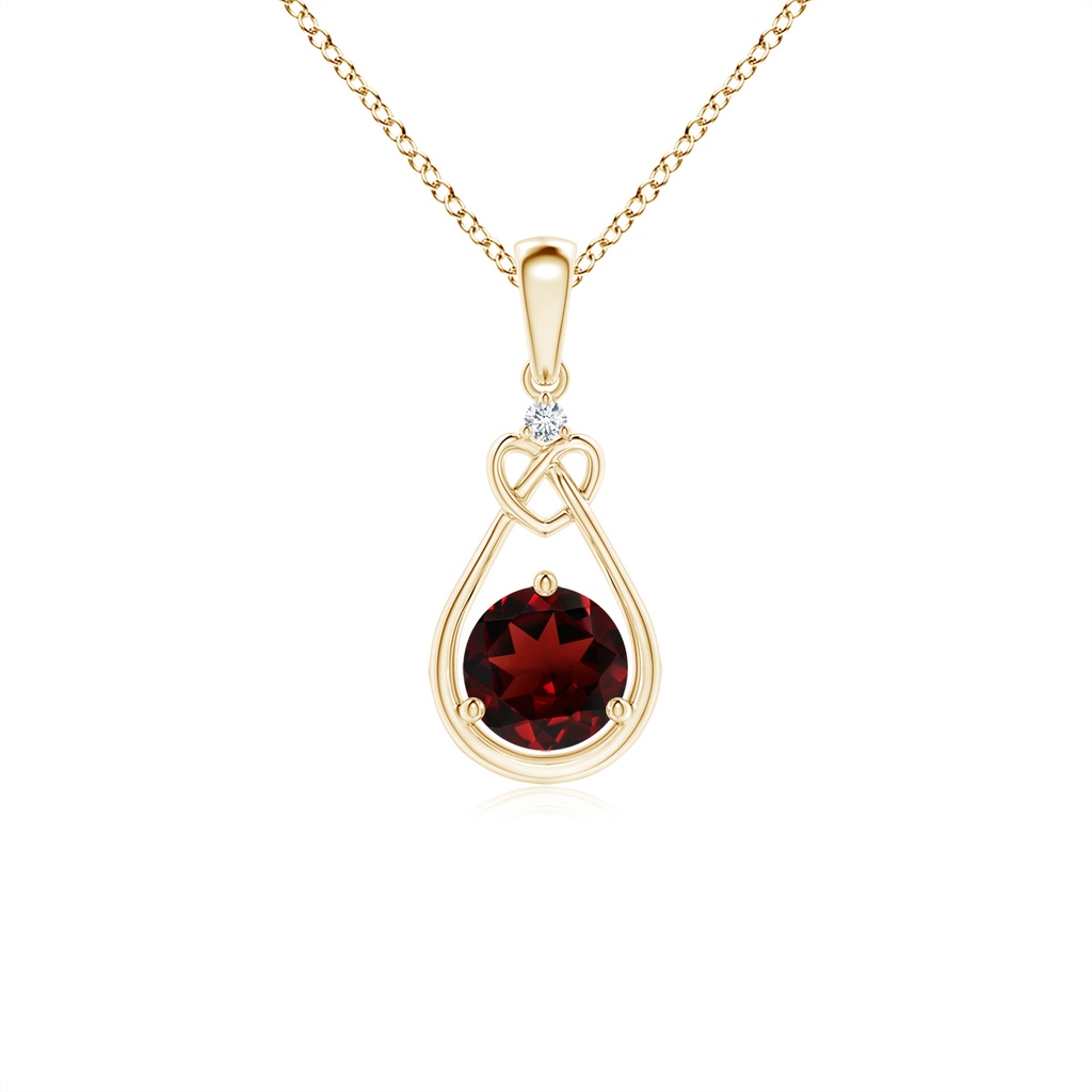 5mm AAA Garnet Knotted Heart Pendant with Diamond in Yellow Gold 