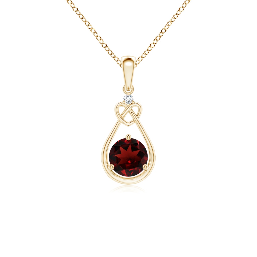 5mm AAA Garnet Knotted Heart Pendant with Diamond in Yellow Gold