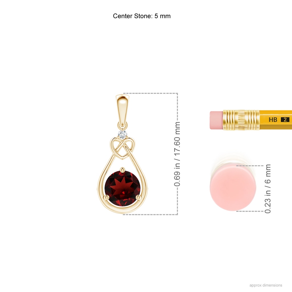 5mm AAA Garnet Knotted Heart Pendant with Diamond in Yellow Gold Ruler