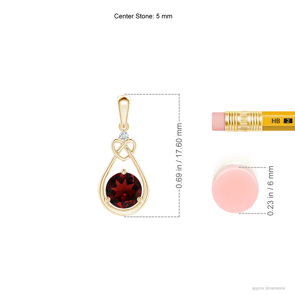 5mm AAA Garnet Knotted Heart Pendant with Diamond in Yellow Gold ruler