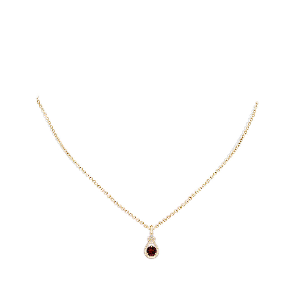 5mm AAA Garnet Knotted Heart Pendant with Diamond in Yellow Gold Body-Neck