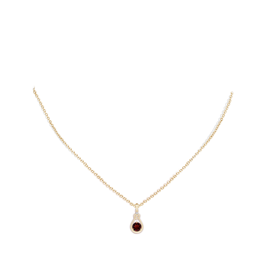 5mm AAA Garnet Knotted Heart Pendant with Diamond in Yellow Gold body-neck