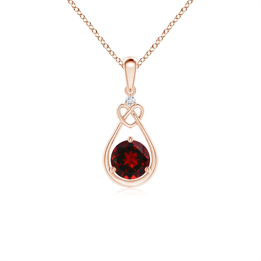 5mm AAAA Garnet Knotted Heart Pendant with Diamond in Rose Gold