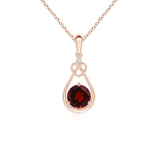 5mm AAAA Garnet Knotted Heart Pendant with Diamond in Rose Gold