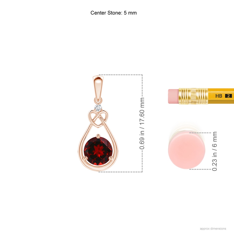 5mm AAAA Garnet Knotted Heart Pendant with Diamond in Rose Gold ruler