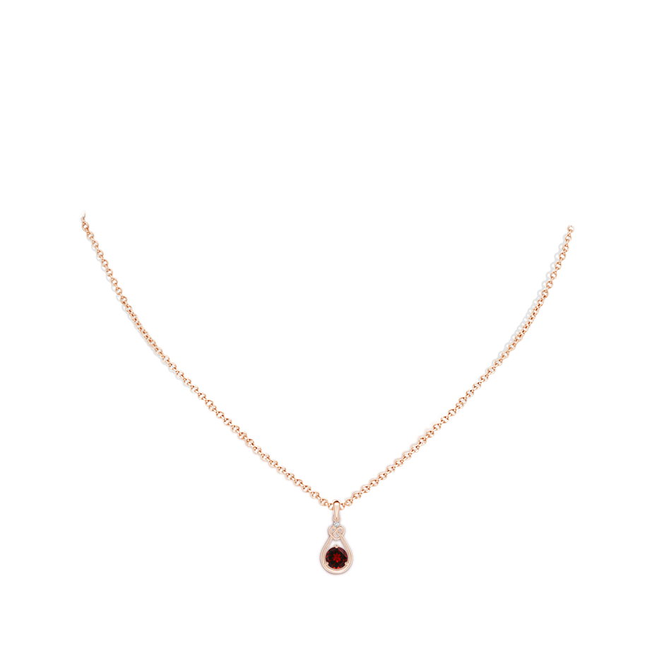 5mm AAAA Garnet Knotted Heart Pendant with Diamond in Rose Gold body-neck