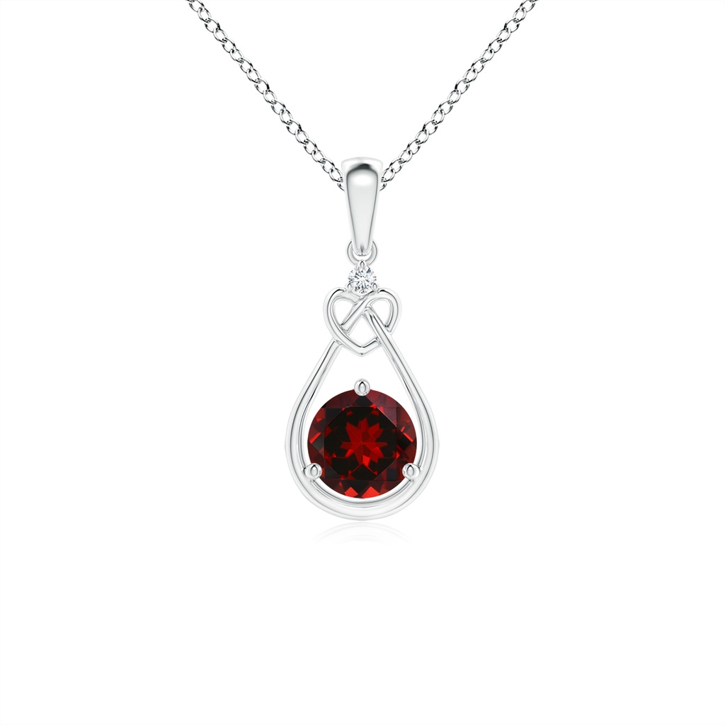 5mm AAAA Garnet Knotted Heart Pendant with Diamond in White Gold