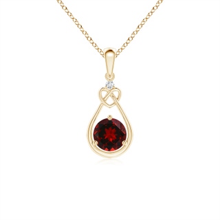 5mm AAAA Garnet Knotted Heart Pendant with Diamond in Yellow Gold